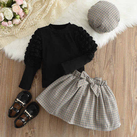 Girls' Puff Sleeve T-shirt+Skirt+Free Hat 3pcs Set