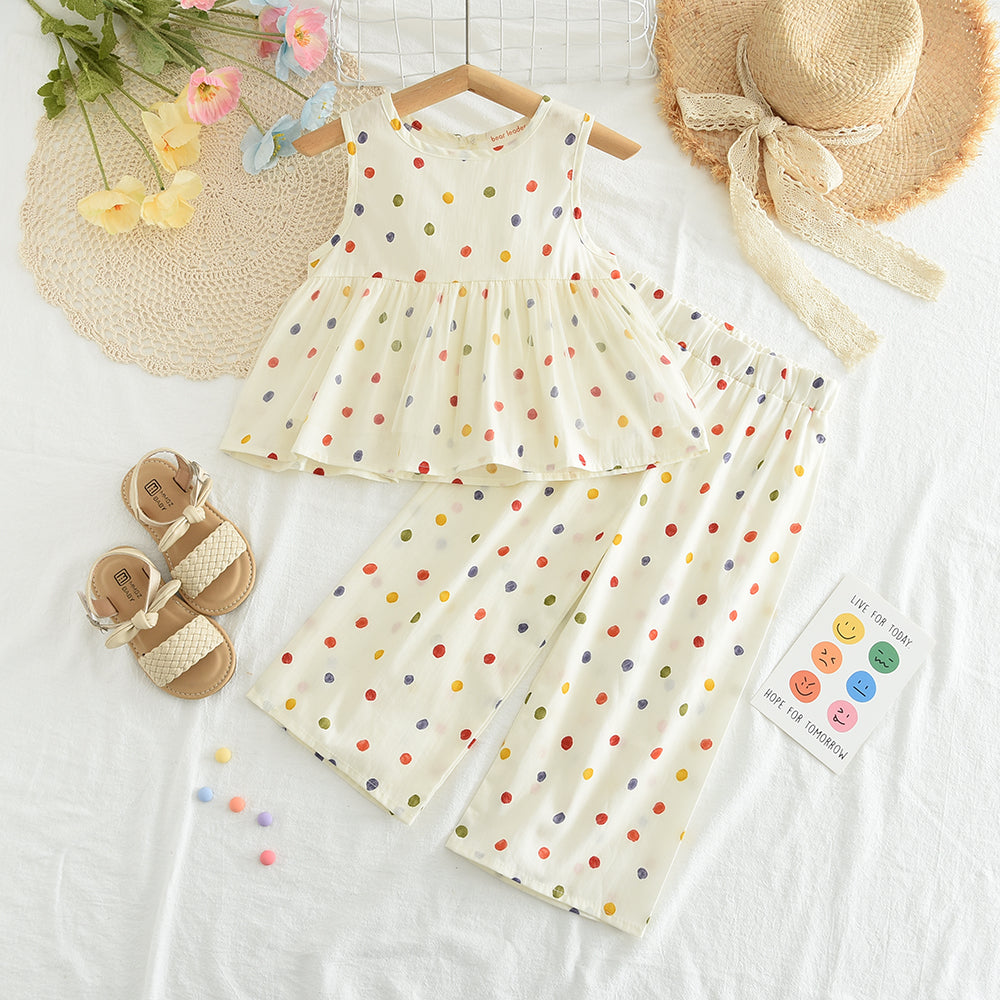 Girls' Colorful Polka Dots Trousers Cotton Set