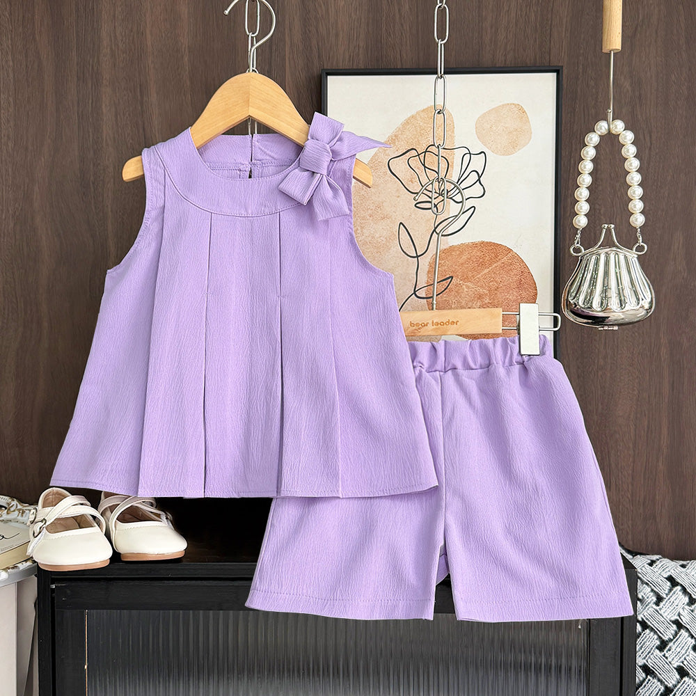 Girls' Bow-knot Top+shorts 2PCS Casual Set