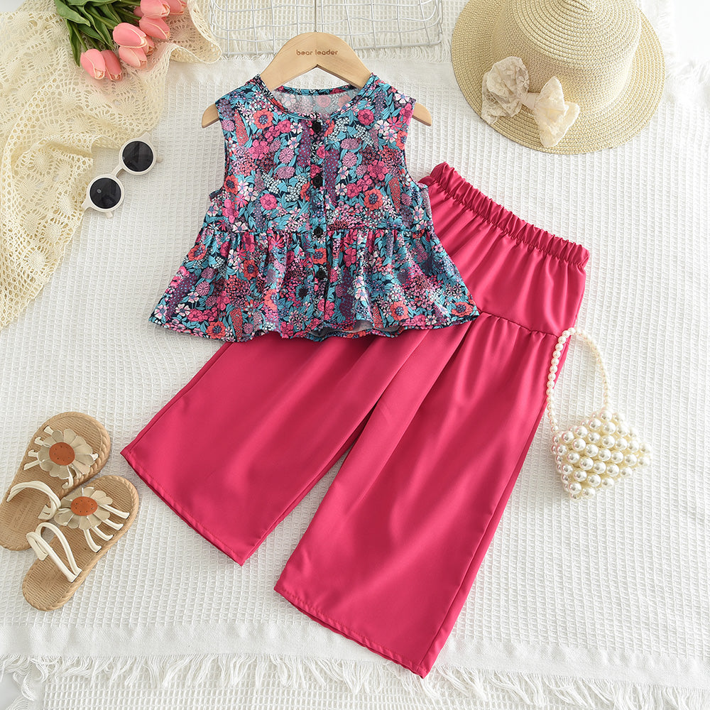 Girls' Floral Printing Top+Trousers Set