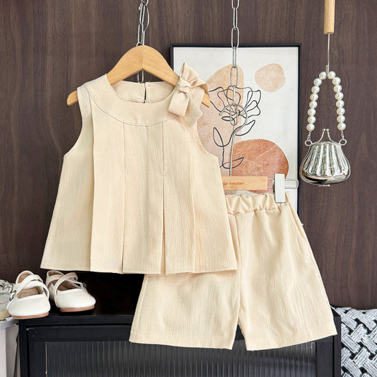 Girls' Bow-knot Top+shorts 2PCS Casual Set