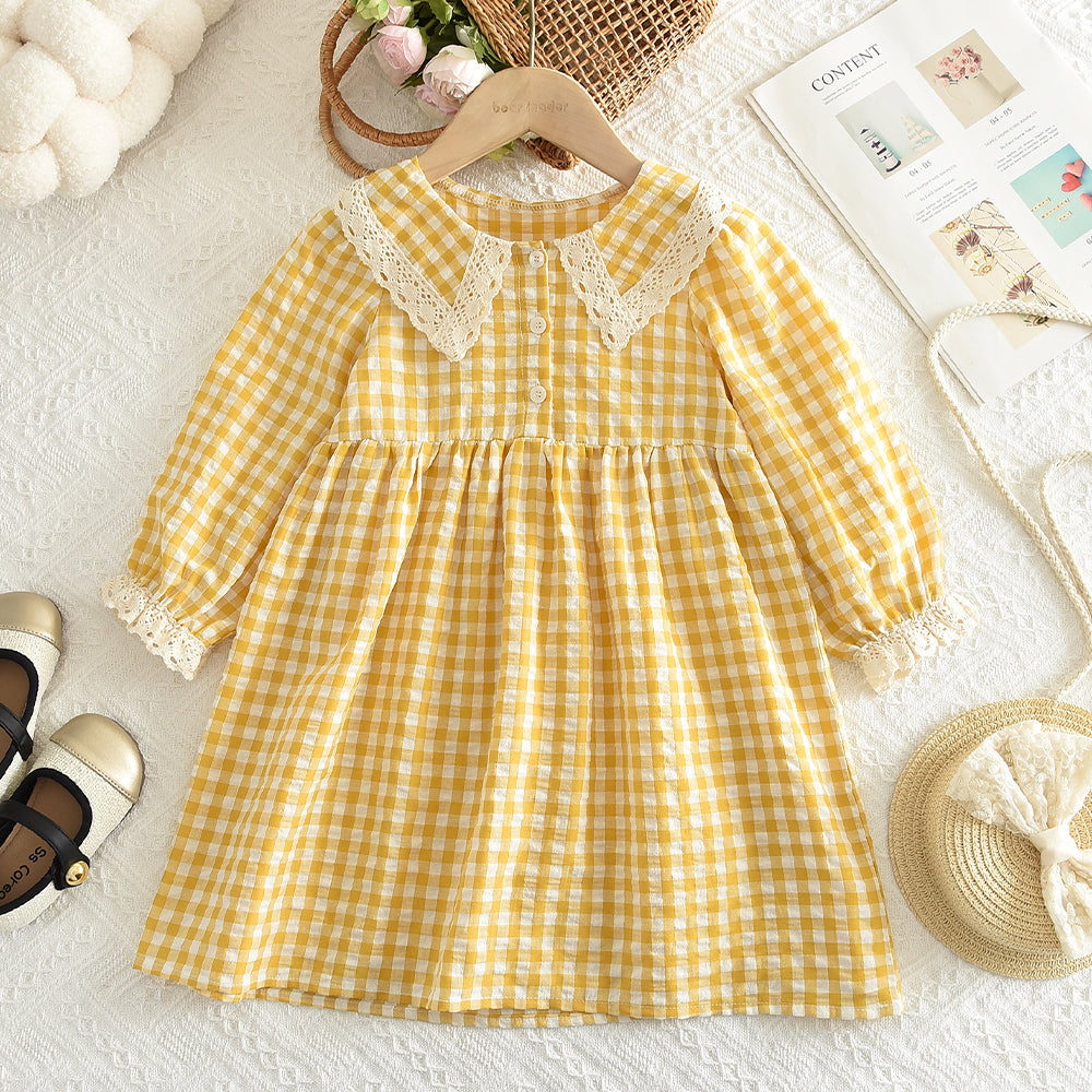 Girls' Lace Plaid Pattern Cute Dress