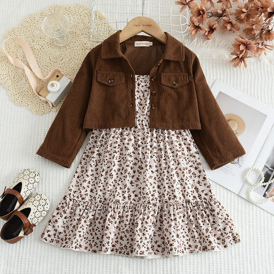 Girls' Corduroy Jacket+Printing Sun Dress Vintage Set