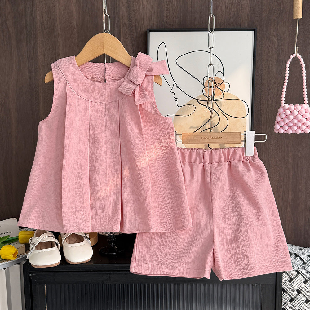 Girls' Bow-knot Top+shorts 2PCS Casual Set
