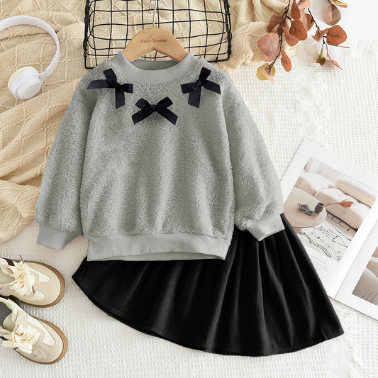 Girls' Bow Fluffy Top+Skirt 2pcs Casual Set