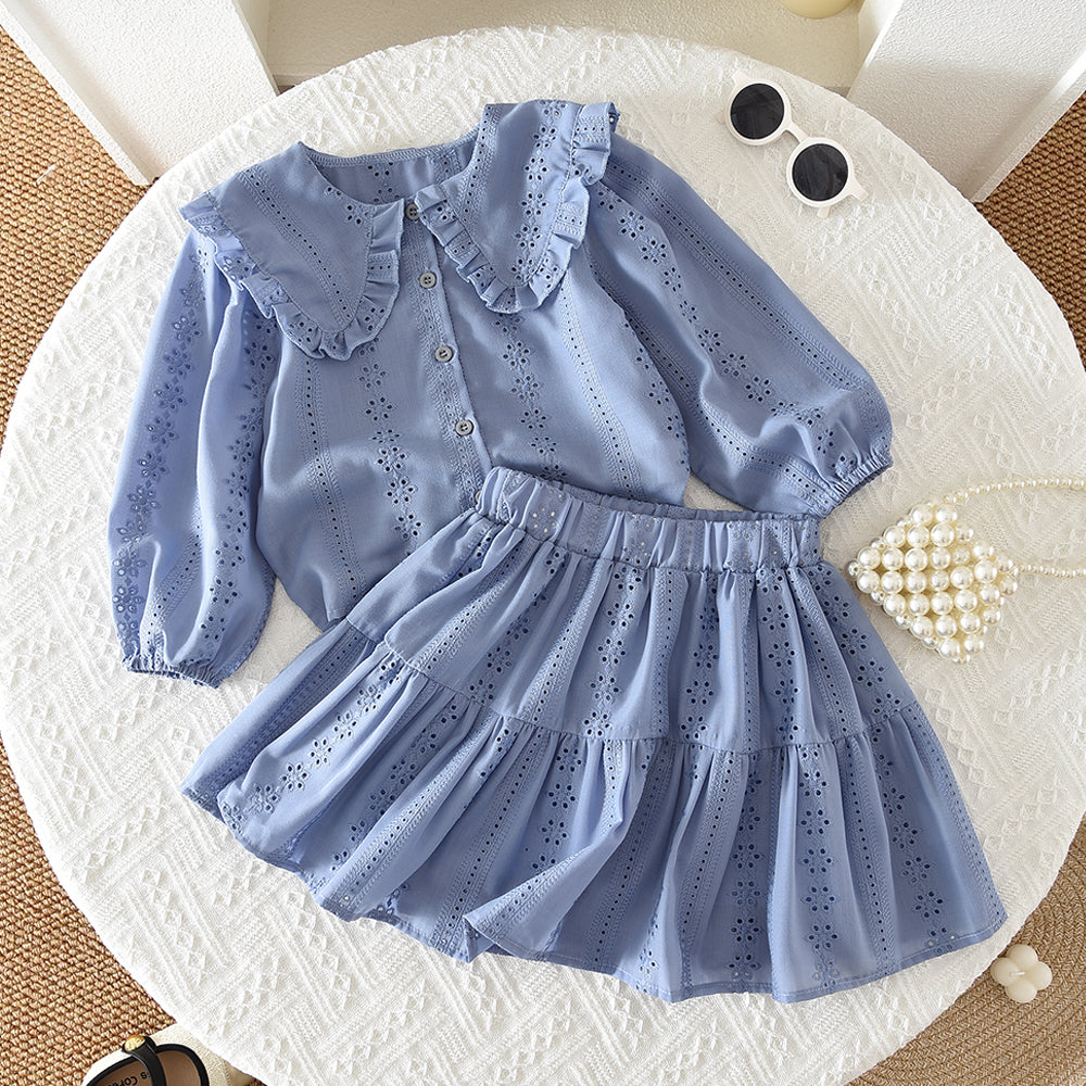 Girls' Floral Hollow-out Ruffle Set