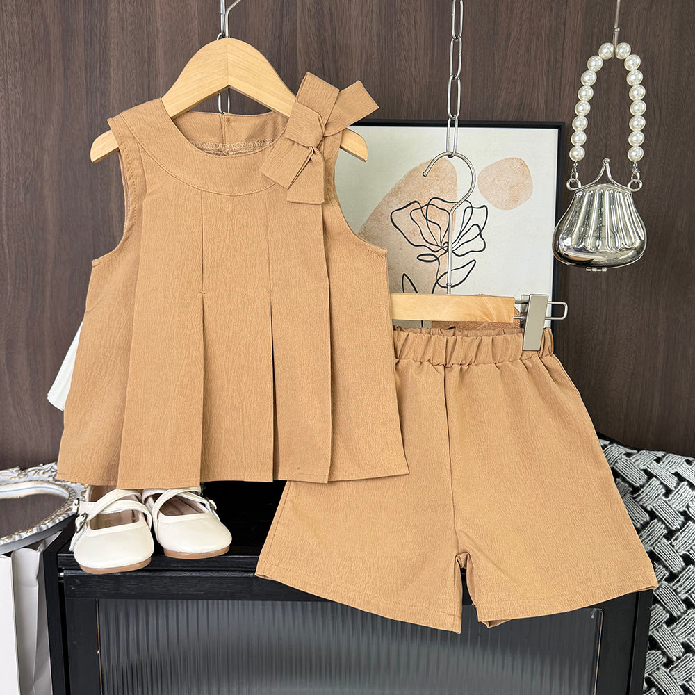 Girls' Bow-knot Top+shorts 2PCS Casual Set