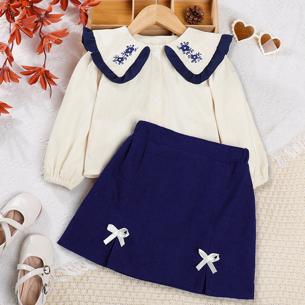 Girls' Embroidery Top+Bow-knot Skirt Set