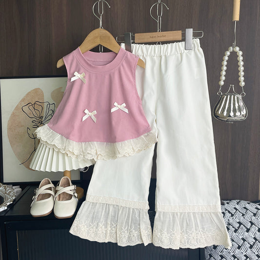 Girls' Bow-knot Lace Top+Trousers Princess Set