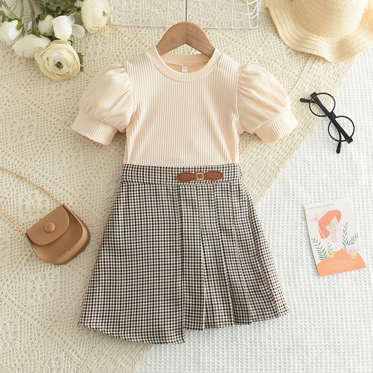Girls' Elastic T-shirt+Pleated Skirt Vintage Set