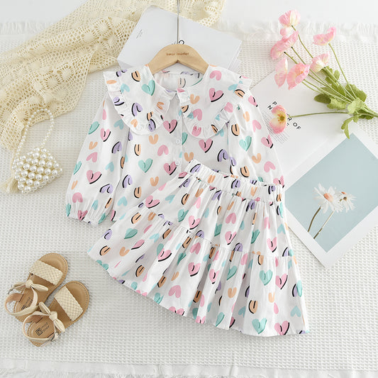 Girls' Bow-knot Printing Shirt+Patchwork Skirt Set