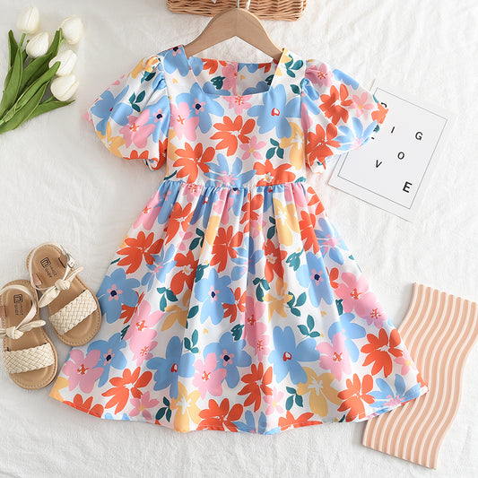 Girls' Flowers Printing Cutout Casual Dress