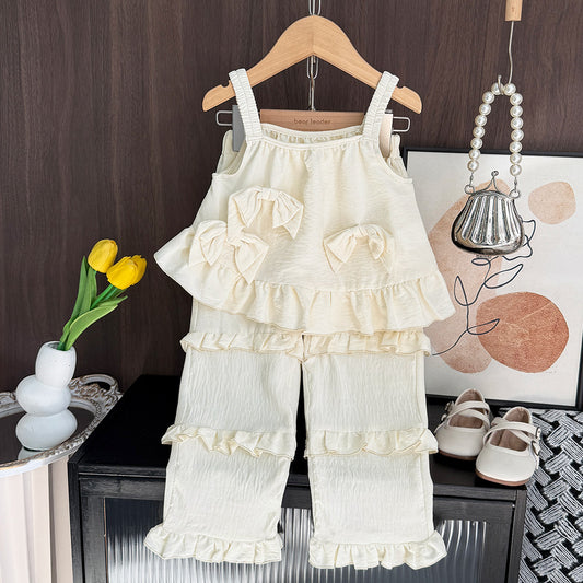 Girls' Bow-knot Sun-top+Ruffle Pant Set