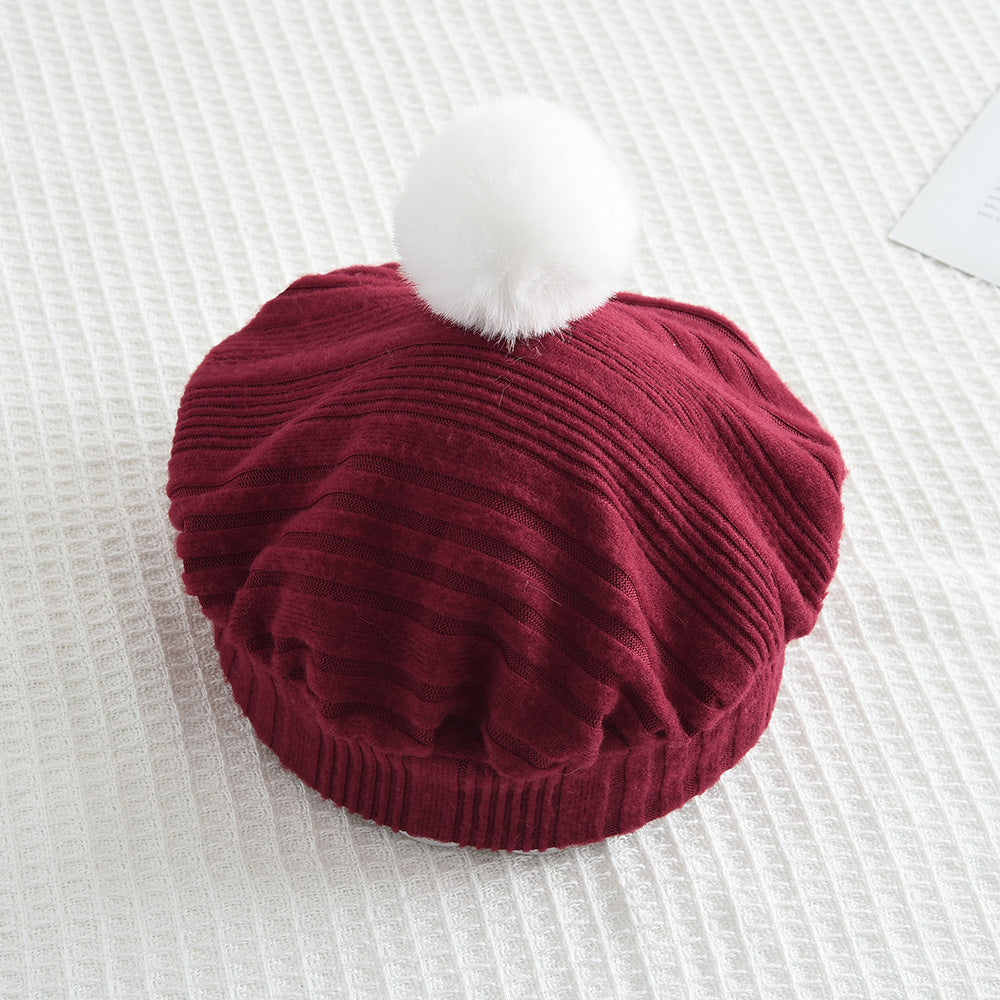 Girls' Wine Red Christmas Outfit Fluffy Patchwork Dress+A free beret