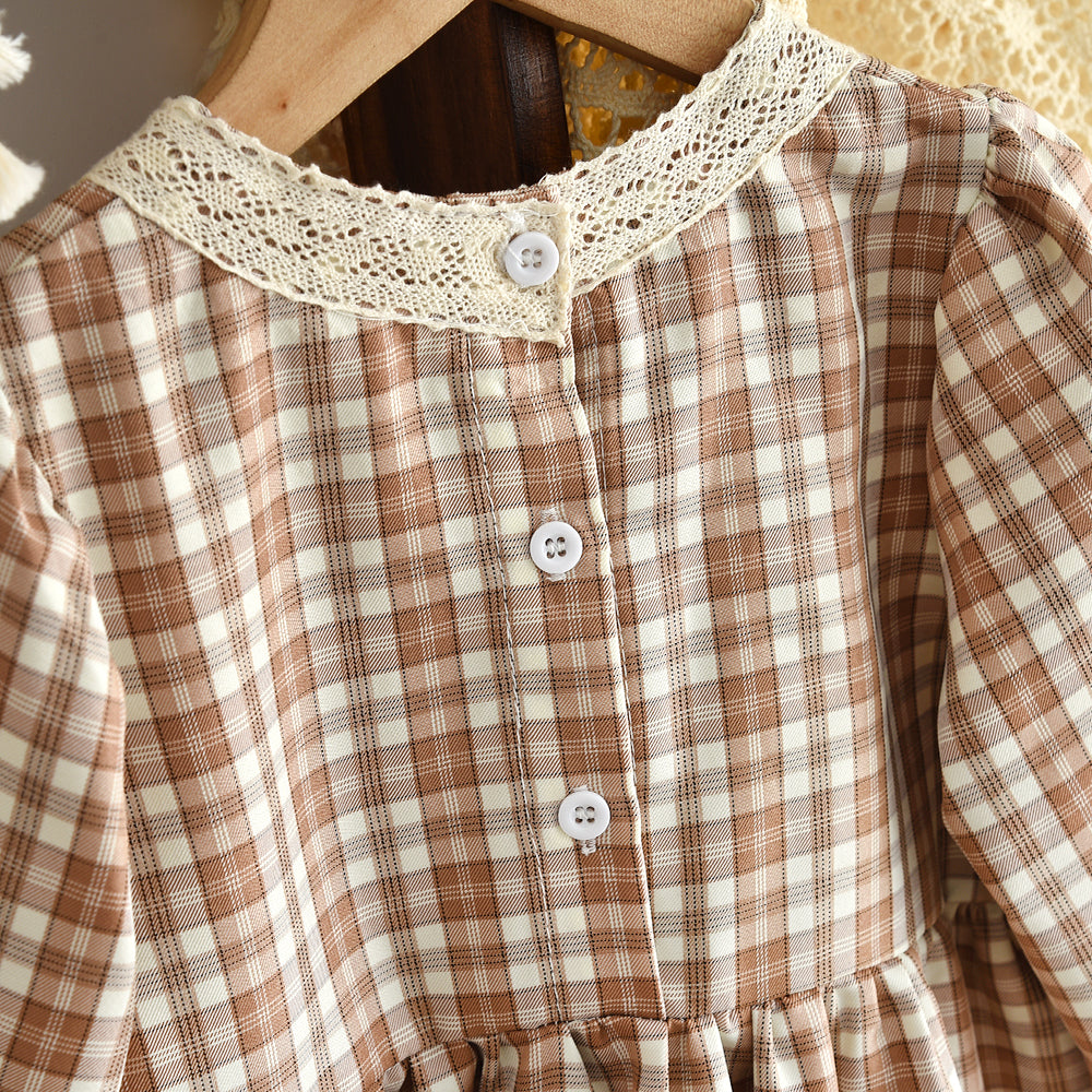 Girls' Lace Patchwork Plaid Vintage Dress