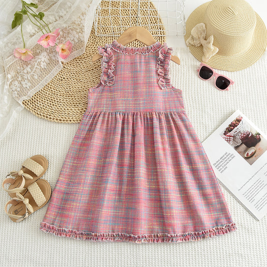 Girls' Plaid Outfit Sleeveless Ruffle Colorful Dress