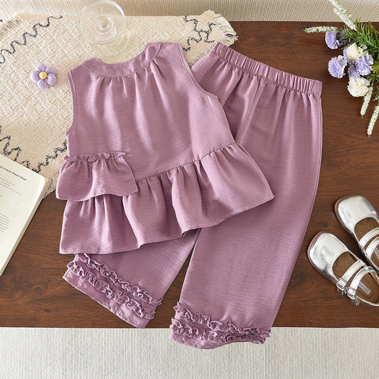 Sleeveless Ruffle Shirt+Lettuce Trim Pants Girls' Summer Fashion Set