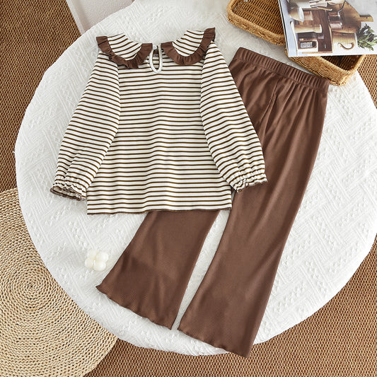 Girls' Lapel Stripes Long Sleeve Top+Flared Trousers Cute Set