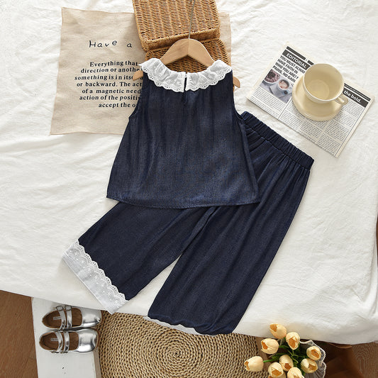 Lace Sleeveless Shirt+Trousers 2pcs Girls' Fashion Set