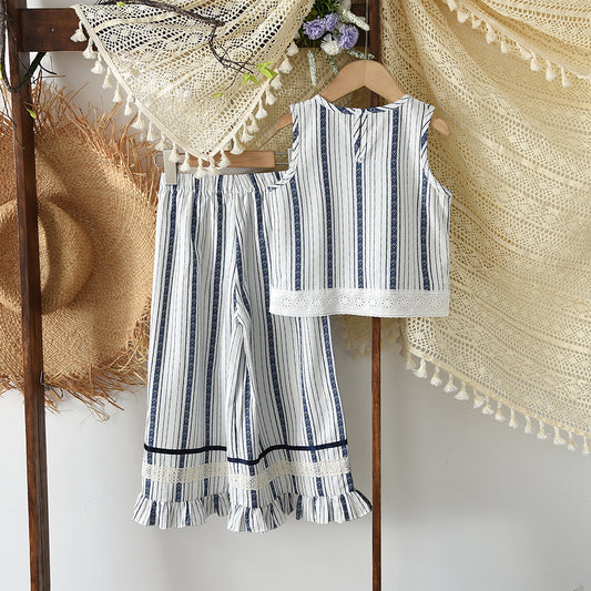 Bow Lace Stripes Shirt+Ruffle Pants Girls' Stylish Summer Set