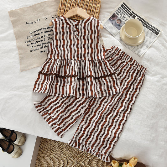Stylish Stripes Ruffle 2pcs Set Girls' Vintage Summer Set
