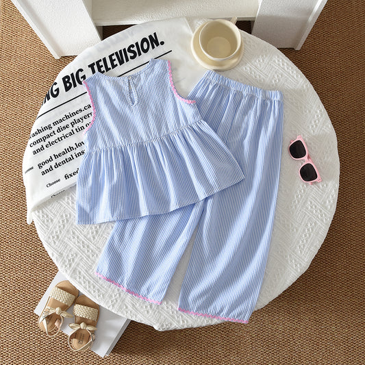 Cute Bow Embroidery Vest+Pants Stripes Girls' Summer Set