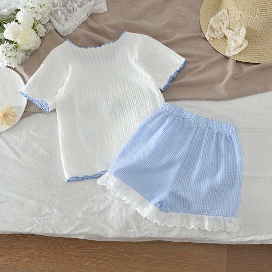 Girls' Bow-knot T-shirt+Plaid Shorts Pajamas Set