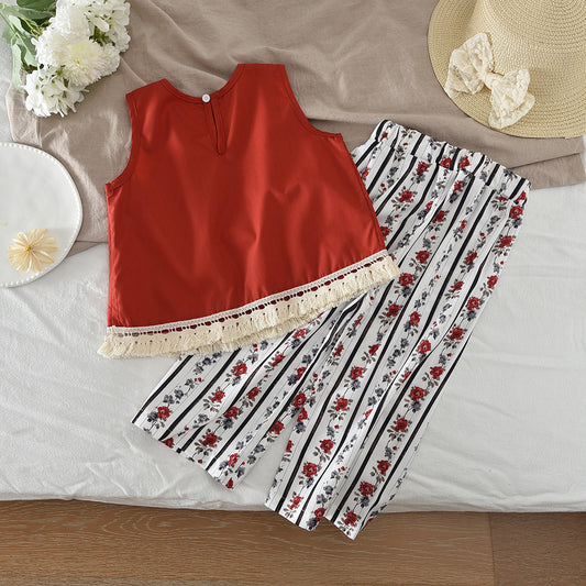 Girls' Tassels Top+Floral Printing Trousers Set