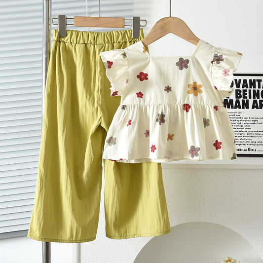 Floral Prints Ruffle Shirt+Pants Kid Girls' Summer Casual Set