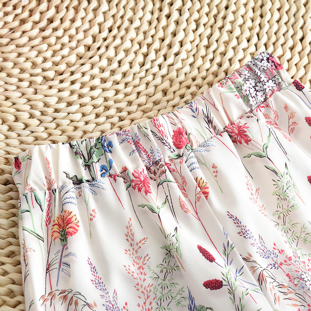 Girls' Floral Printing Shorts Trousers 3pcs Pajamas Set