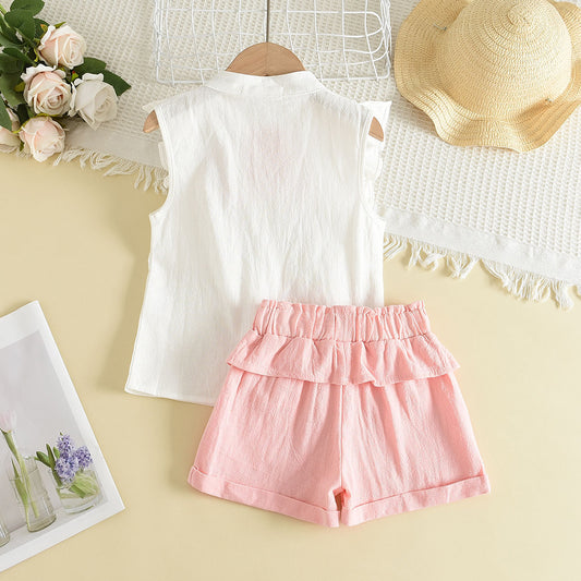 Girls' Floral Embroidery Ruffle Top+Shorts Set