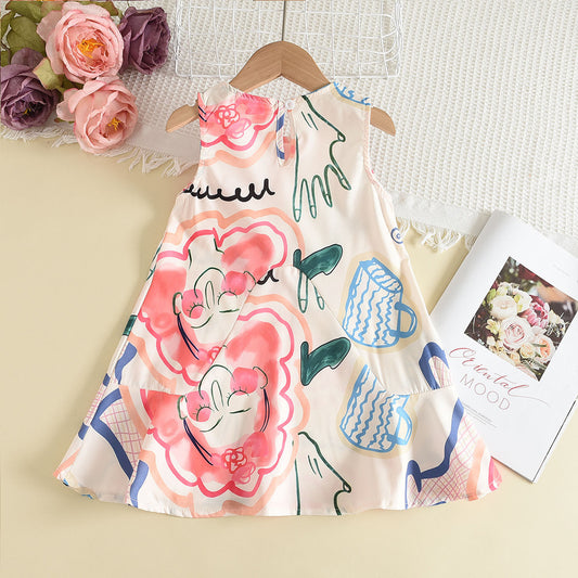 Girls' Sleeveless Print Casual Dress