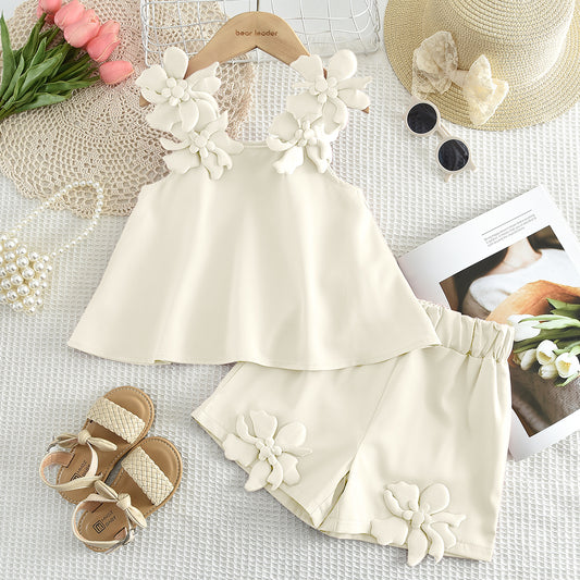 Girls' 3D Flowers Sun-top+Shorts Vacation Set