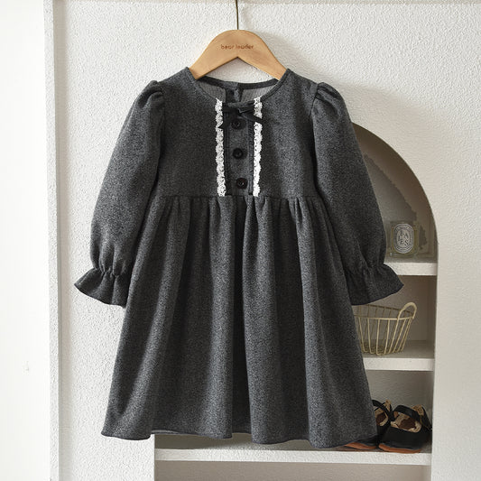 Girls' Wool Fabric Seasonal Fashion Lace Dress