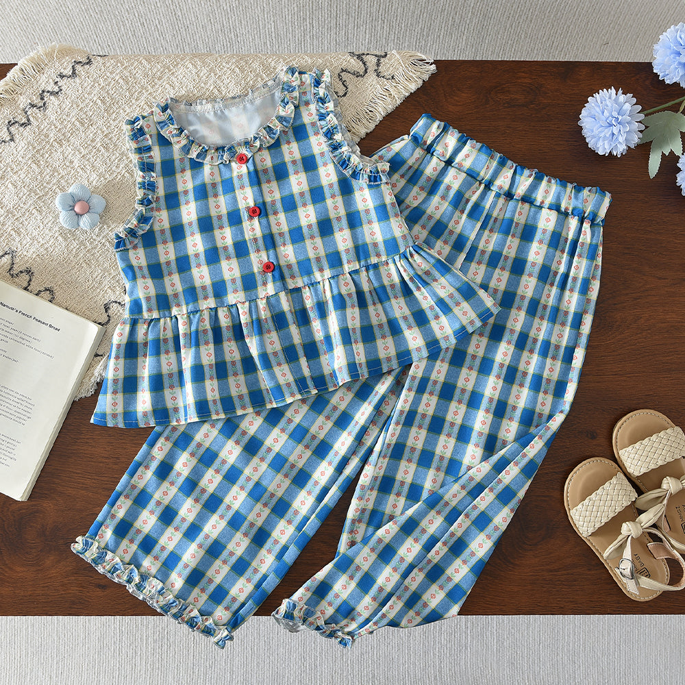 Floral Plaid Pattern Contrasting Colors Ruffle Girls' Summer Cute Set
