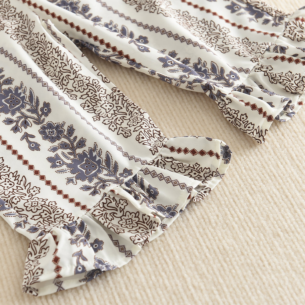 Girls' Ethnic Style Floral Print Ruffle Top+Flared Pants 2pcs Set