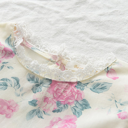 Girls' Floral Printing Lace Organic Cotton Pajamas