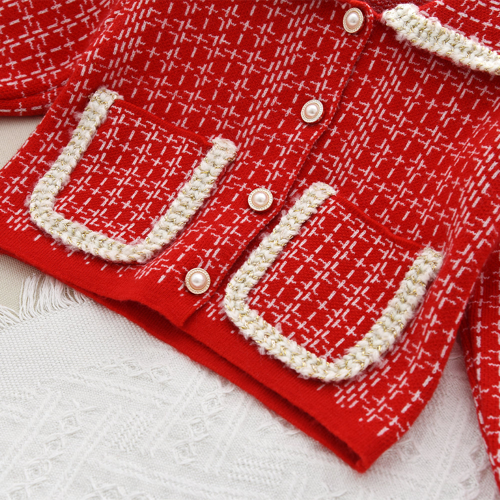 Girls' Plaid Pattern Knitted Cardigan+Skirt 2pcs Set