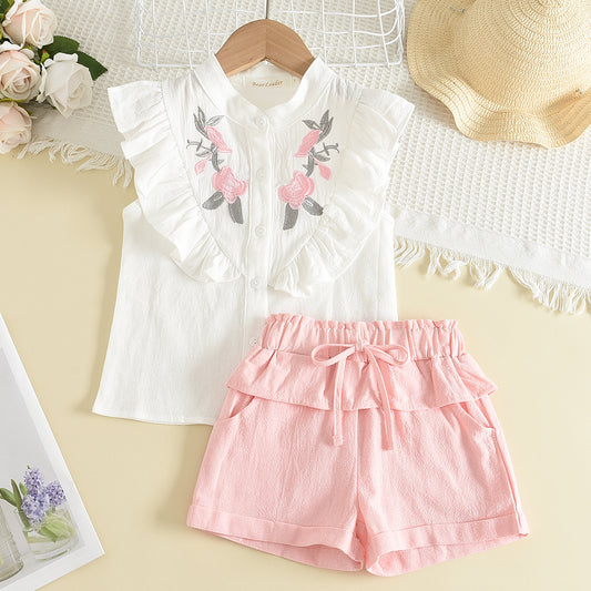 Girls' Floral Embroidery Ruffle Top+Shorts Set