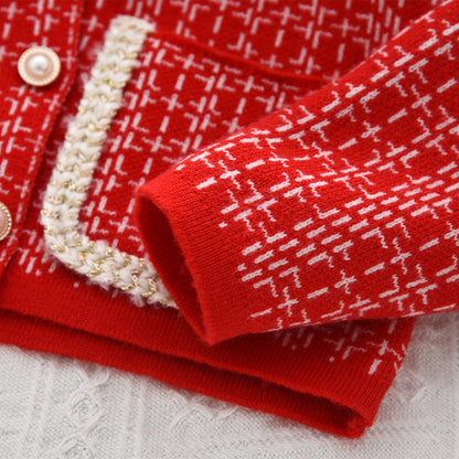 Girls' Plaid Pattern Knitted Cardigan+Skirt 2pcs Set