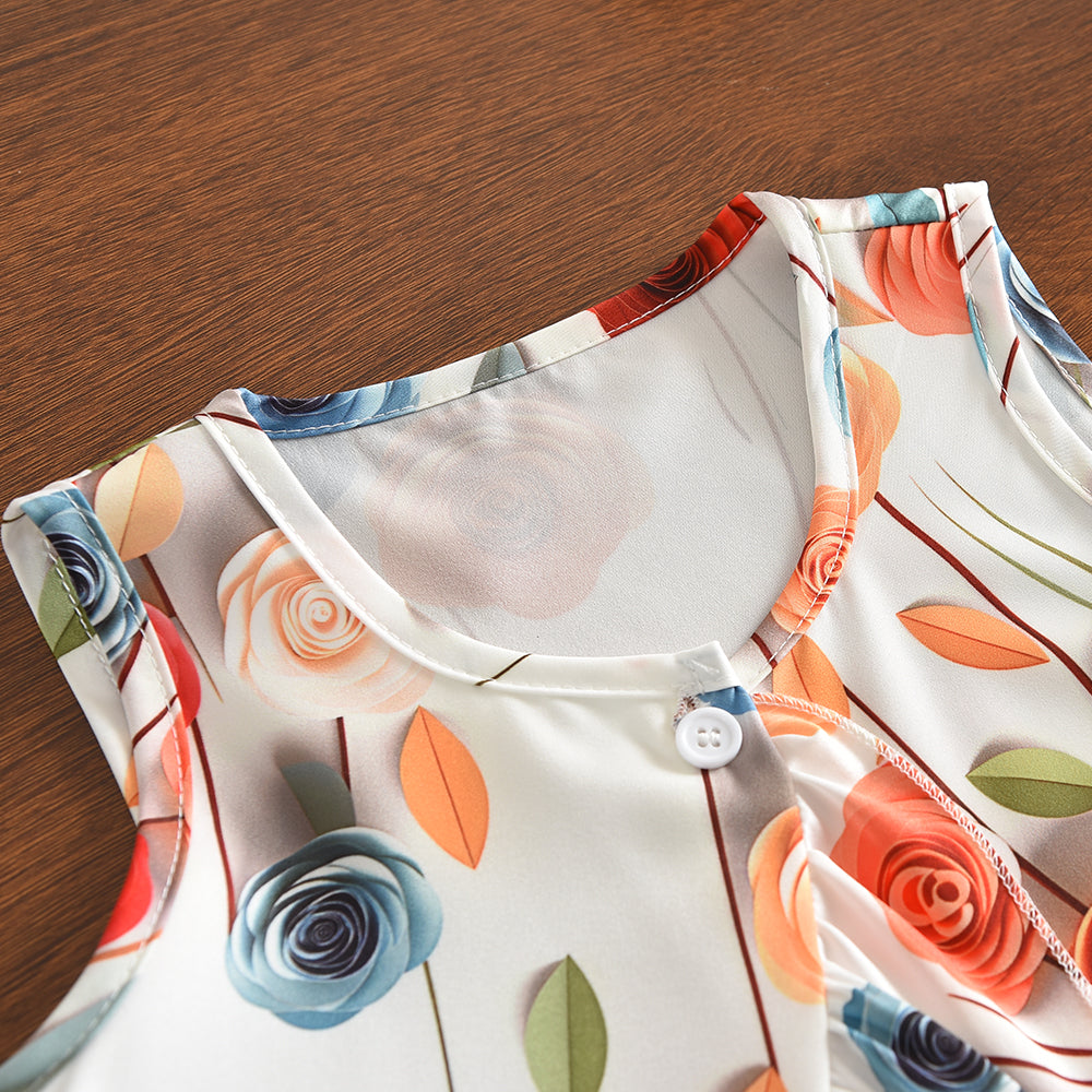 Flowers Prints Ruffle Vest+Wide Leg Pants Girls' Vacation Set