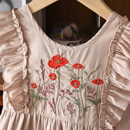 Floral Embroidery Ruffle Outfit Girls' 100% Cotton Casual Dress