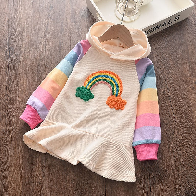 Girls' Rainbow Patch Colorful Hooded Sweat Dress