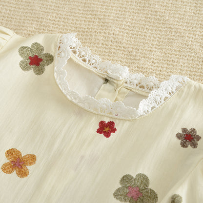 Multi-color Floral Prints Lace Shirt+Pants 100% Cotton Girls Pajamas Set