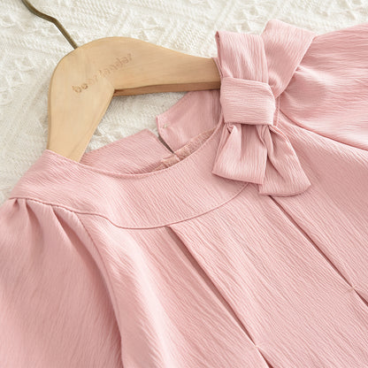 Girls' Bow-knot Long Sleeve Casual Dress