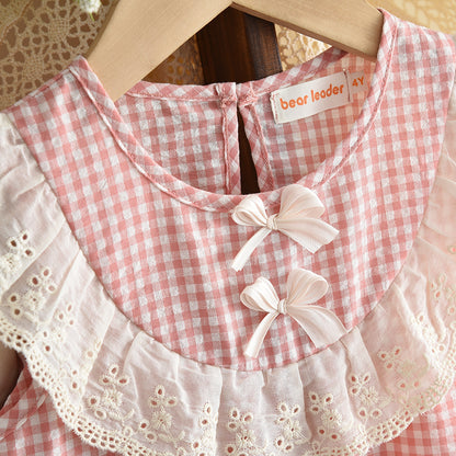 Cute Plaid Pattern Bow Top+Trousers Girls' Lace Set