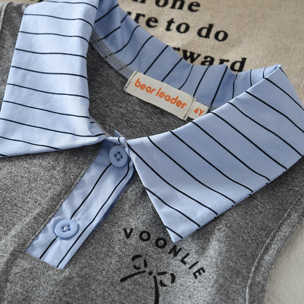 Stripes Shirt Patchwork Casual Dress Cute Letter Girls' Pleated Dress