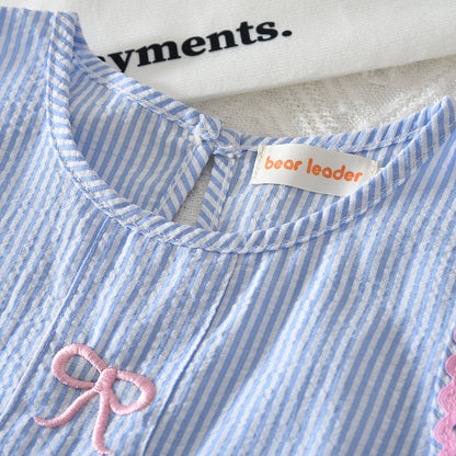 Cute Bow Embroidery Vest+Pants Stripes Girls' Summer Set