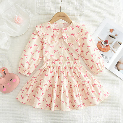 Girls' Bow-knot Printing Shirt+Patchwork Skirt Set