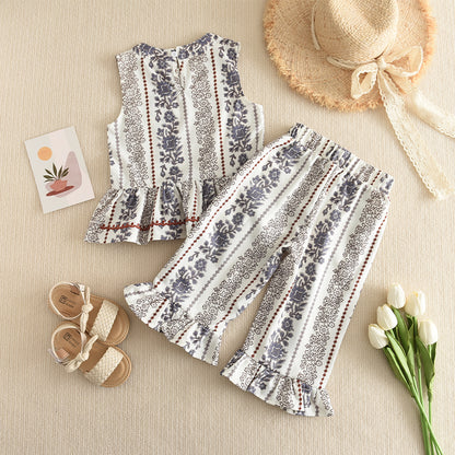 Girls' Ethnic Style Floral Print Ruffle Top+Flared Pants 2pcs Set